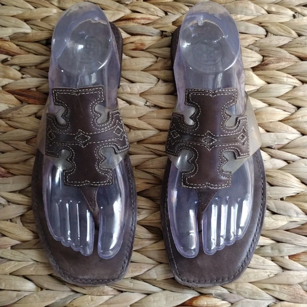 Tory Burch full logo brown leather slip on sandals 8